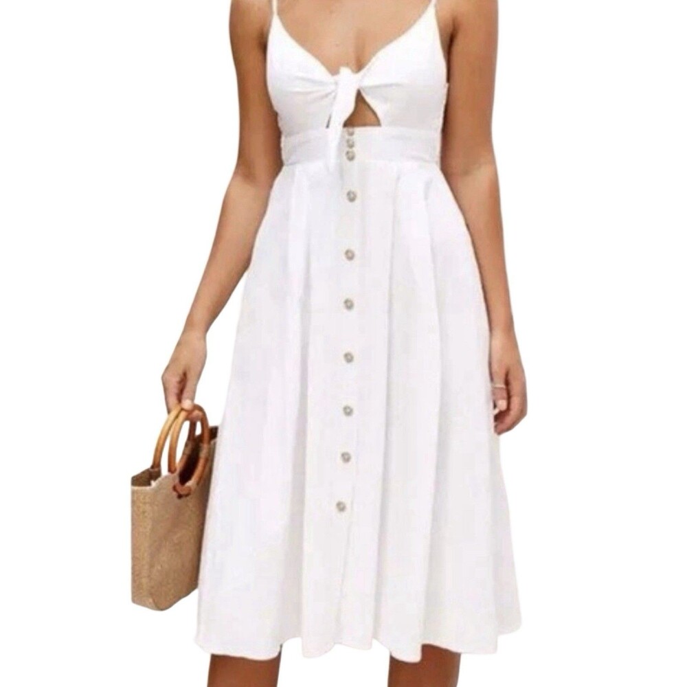 Gilli Midi Linen double lined Bow Knot V-Neck Spaghetti Strap  White L Summer